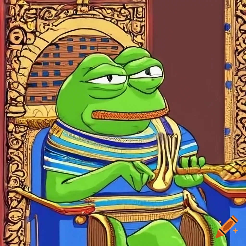 Meme of Egyptian pepe frog on a golden throne on Craiyon