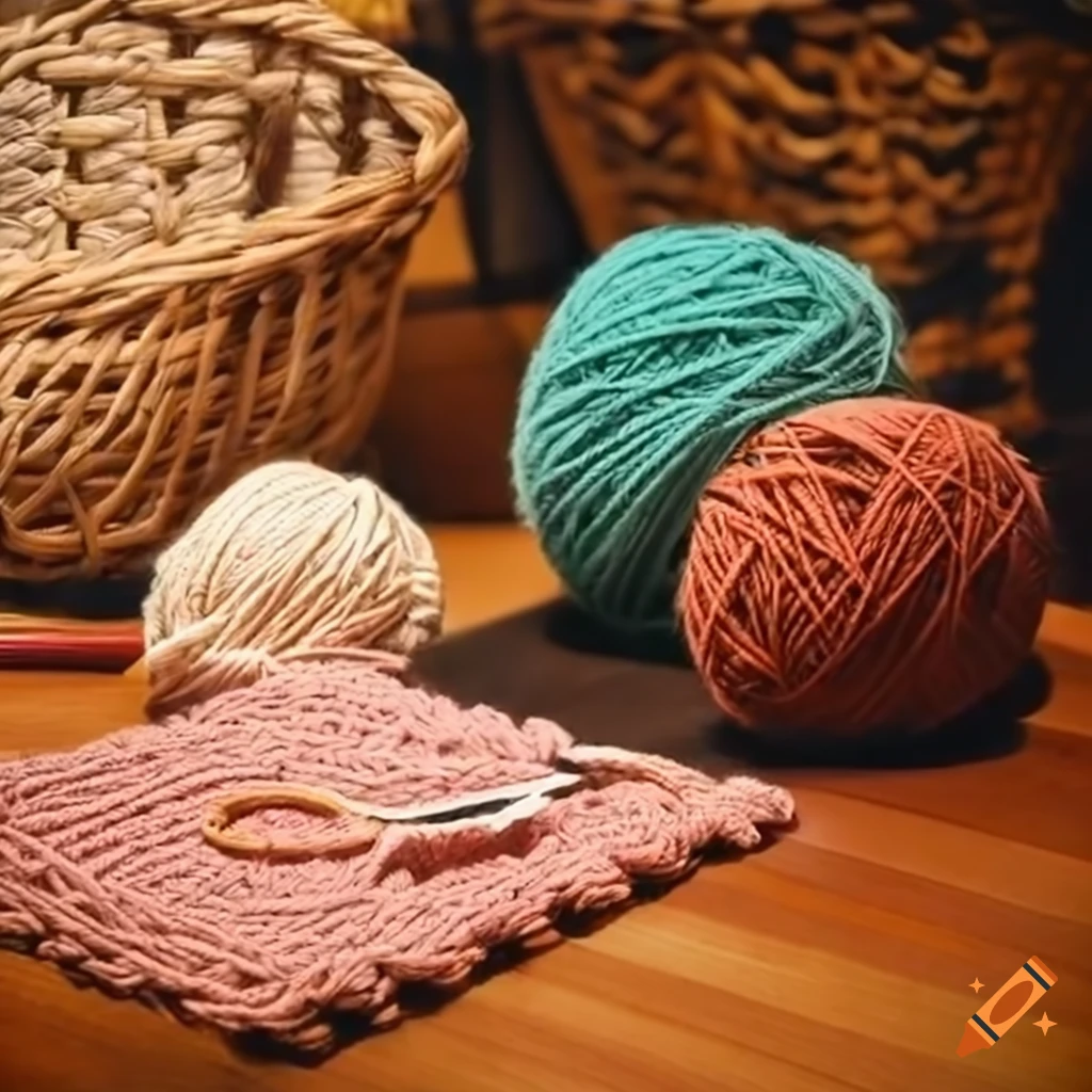 crochet basket with yarn balls and knitting supplies
