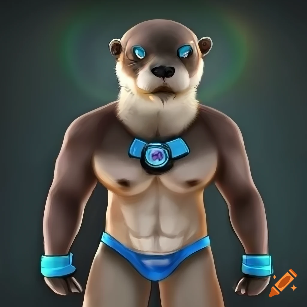 digital art of a realistic furry otter with blue eyes and blue harness
