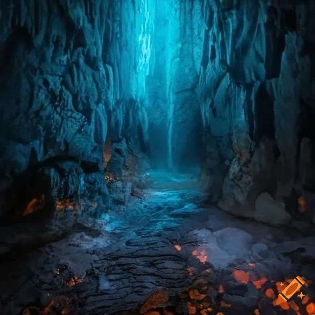 Image of a breathtaking underground cave with dark gray crystals and