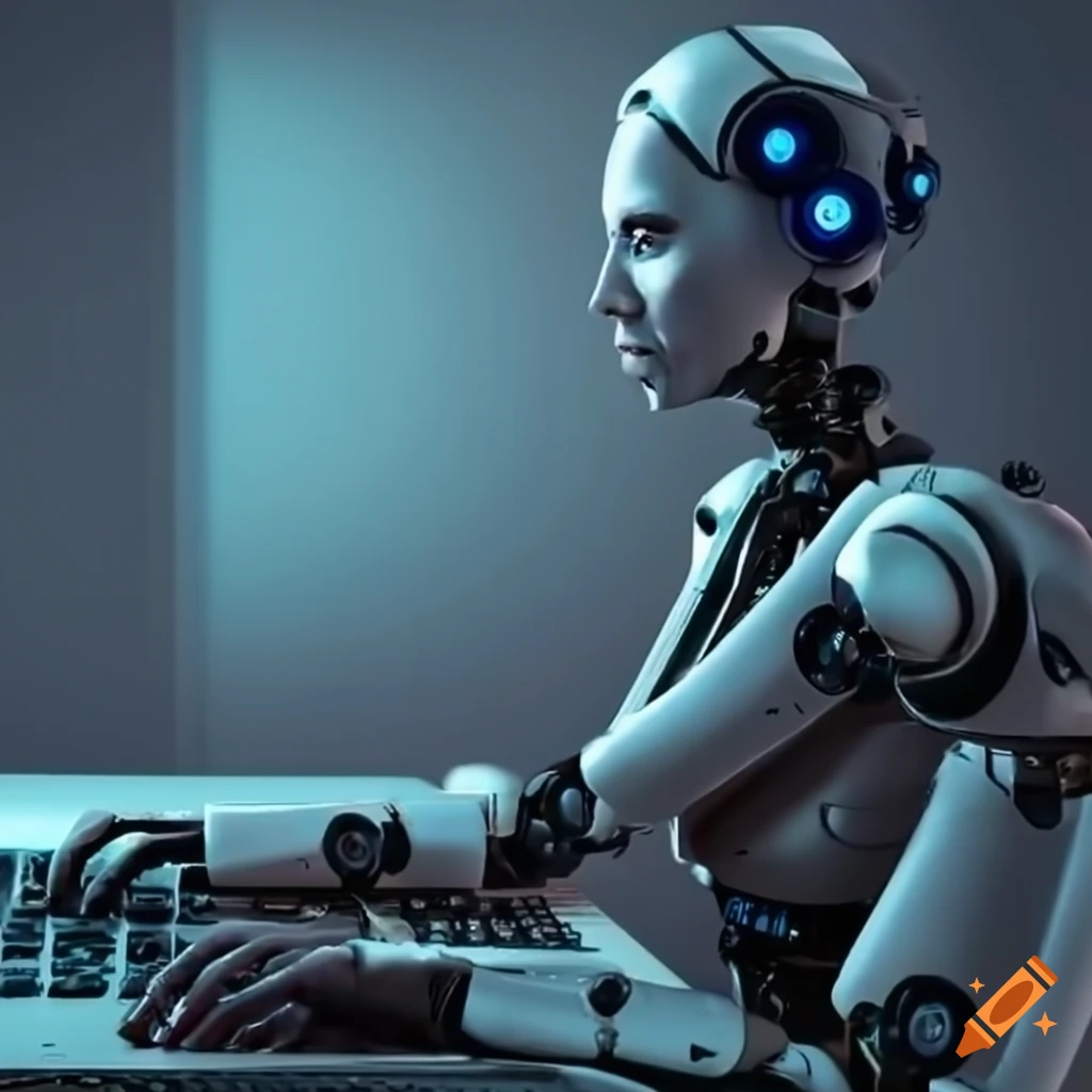 futuristic AI robot typing on a computer