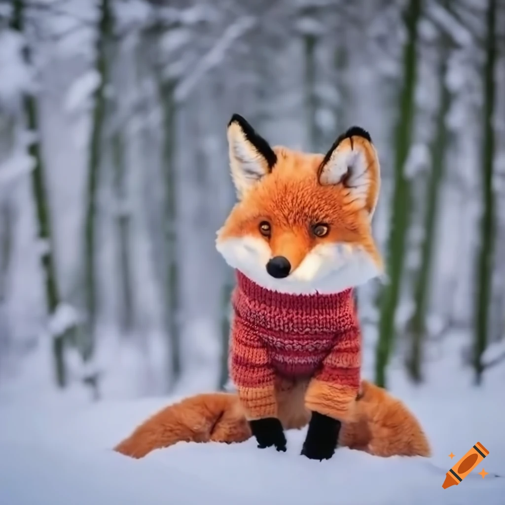 plush fox in a sweater exploring snowy forest