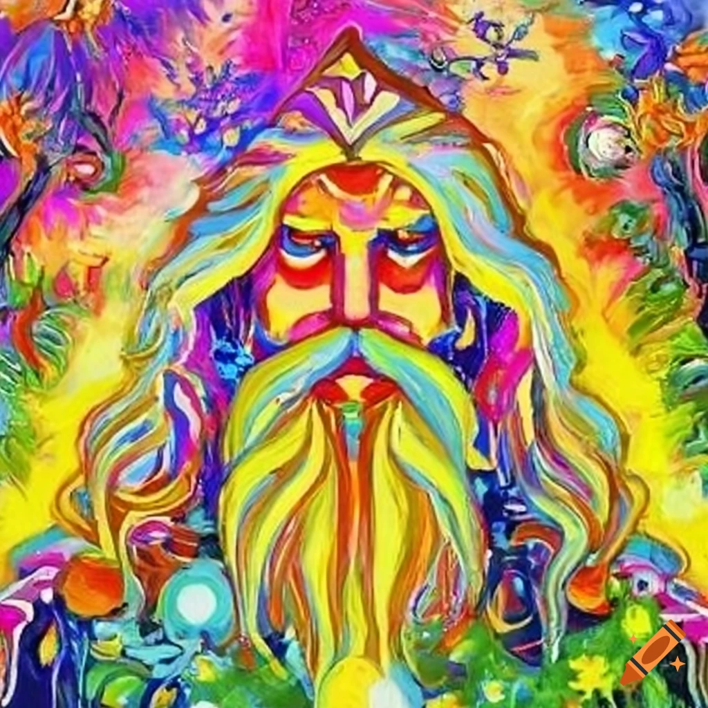 vibrant painting of a mystical bearded wizard in a space jungle