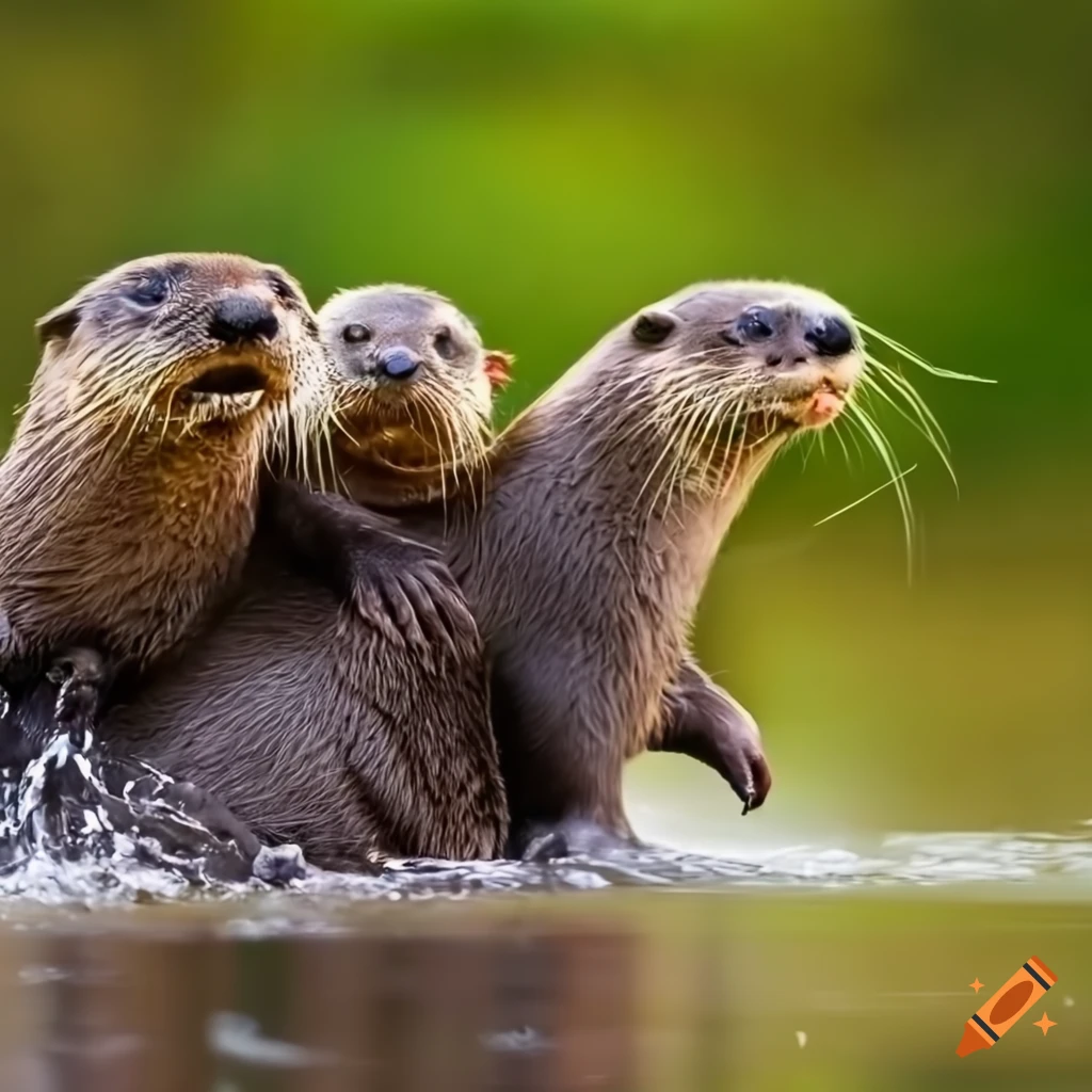 playful otter family in a rushing river