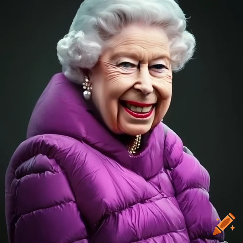 Queen elizabeth wearing a puffer jacket on Craiyon
