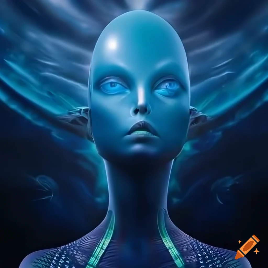 Closeup of a powerful alien woman with symmetrical features