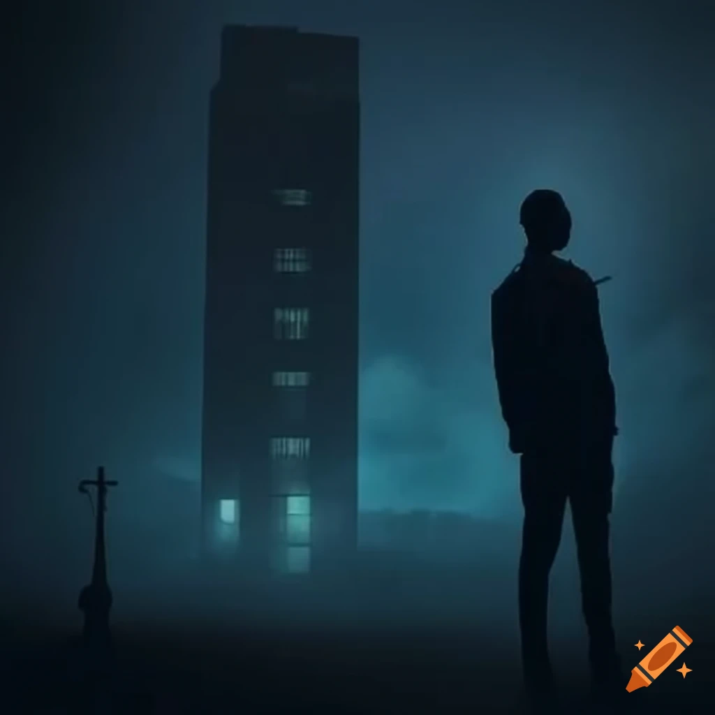 dramatic night scene with a man standing in front of a tall building