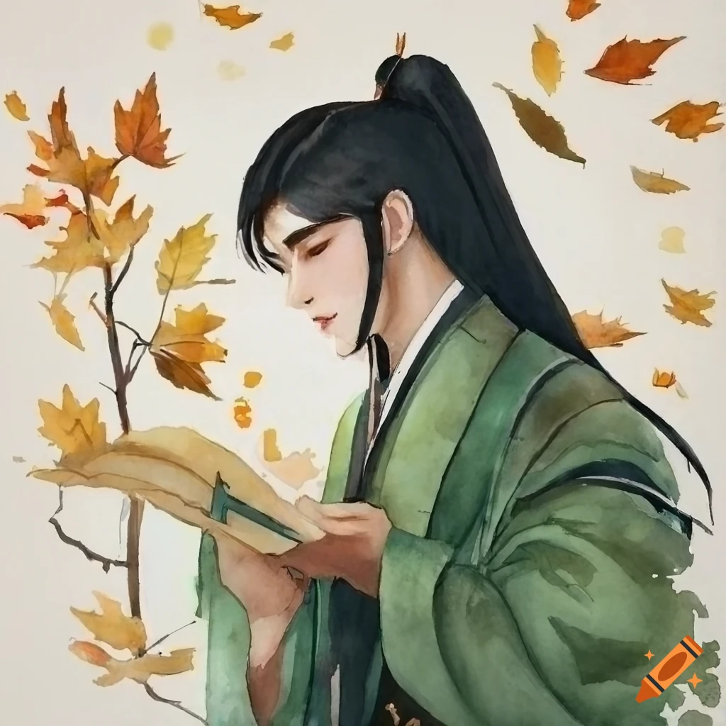 watercolor painting of a young man in autumn