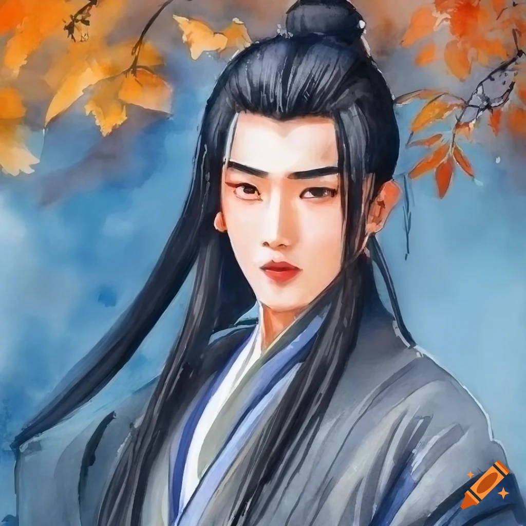 Lan xichen wearing a white hanfu, bright eyes, clear forehead