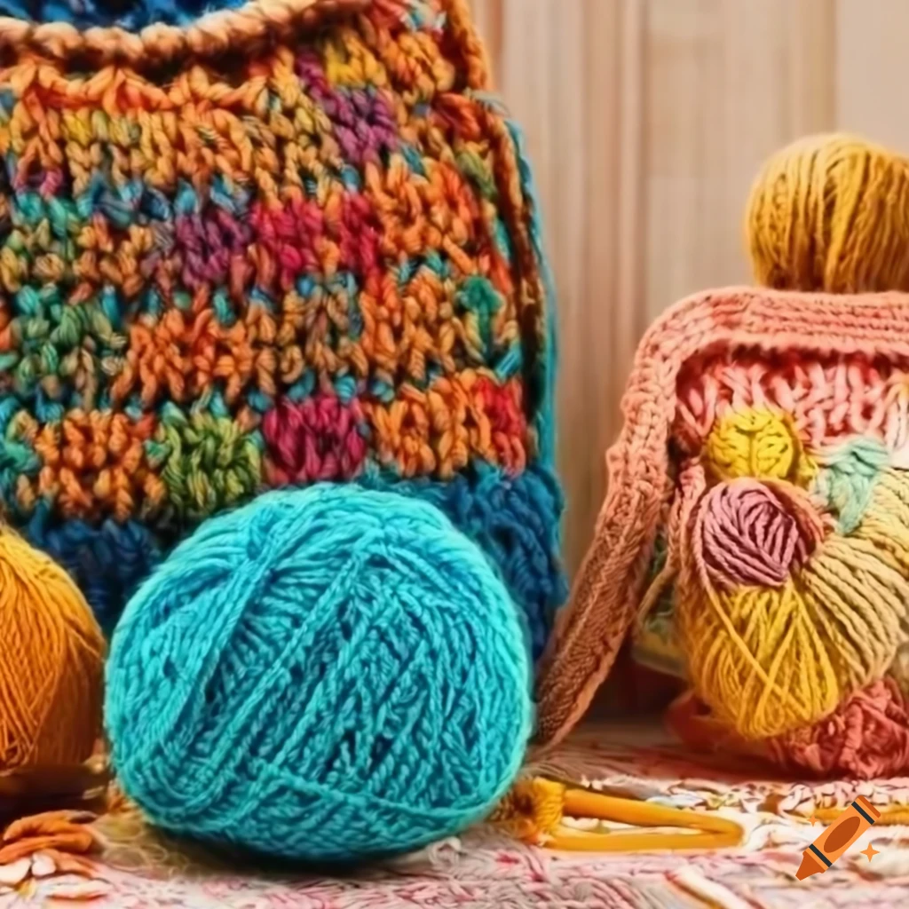 colorful crochet bag on a crochet table mat with knitting supplies