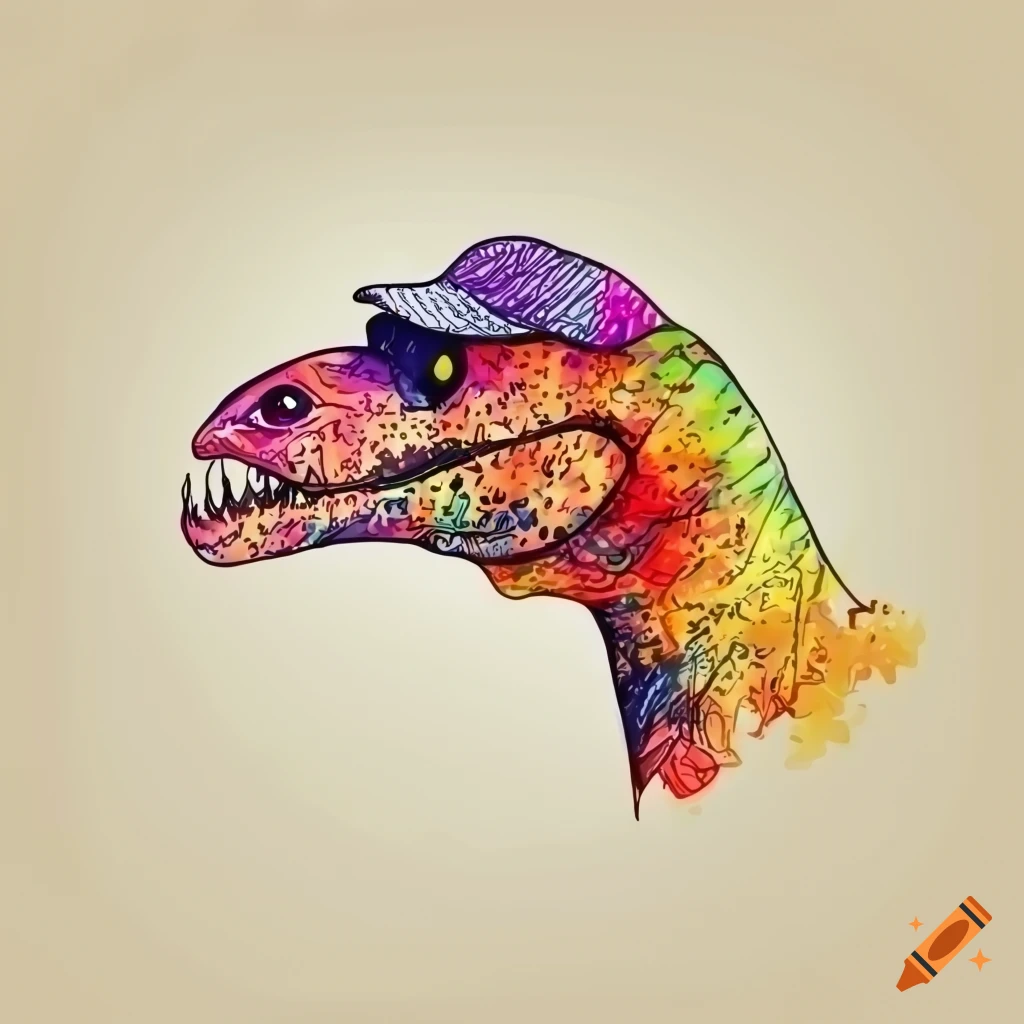 minimalist drawing of a dinosaur with a baseball cap and chain necklace