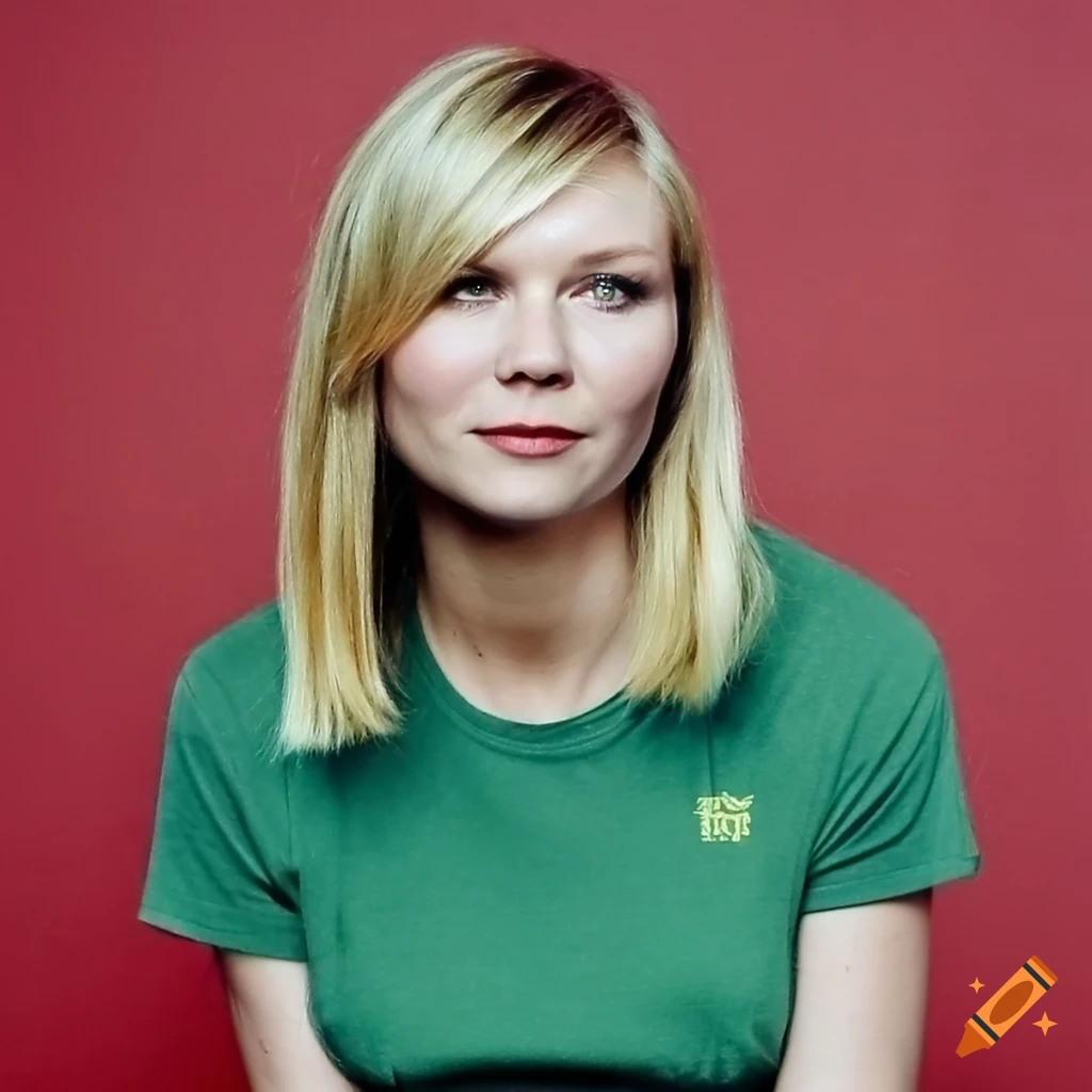 Kirsten dunst with a bob haircut and green t-shirt