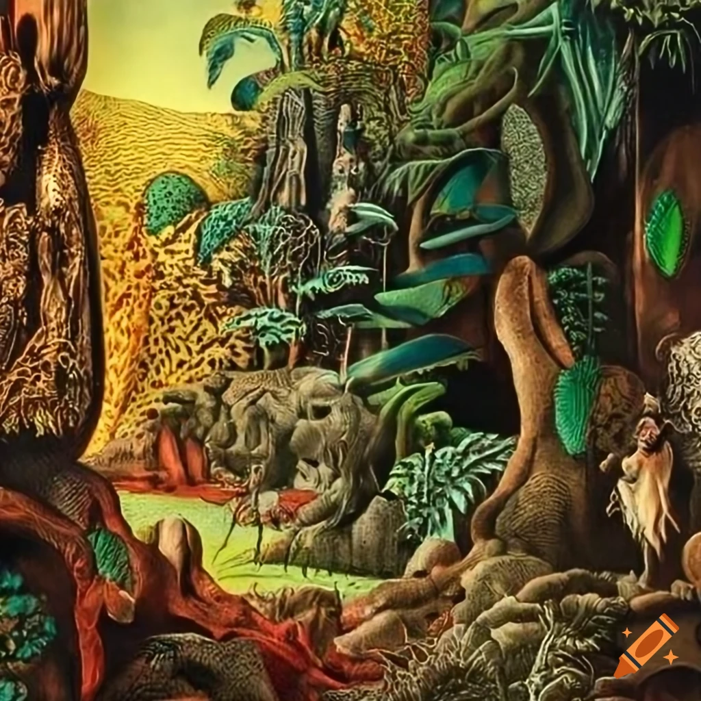 Artwork of jungle landscape with animal-human hybrids on Craiyon