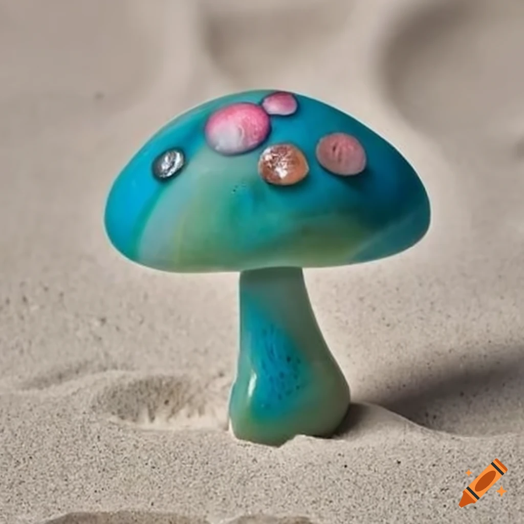 mushroom made of blue, green and pink cat's eye stone on white sand