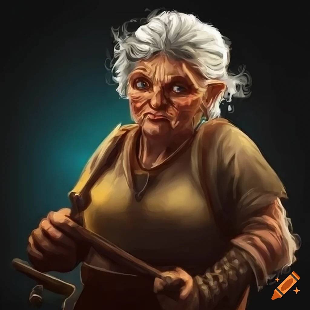 Image of a badass elderly blacksmith dwarf woman with a staff on 