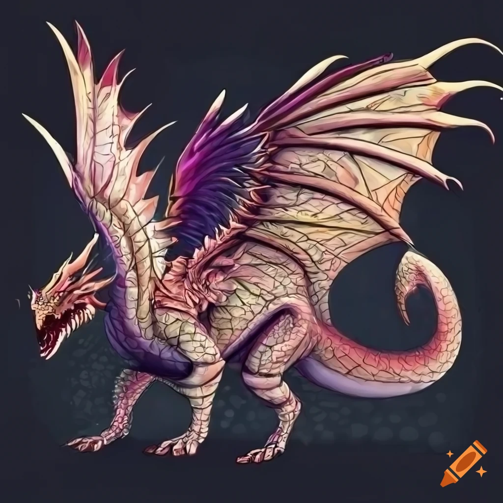 detailed side view illustration of a dragon with wings and four legs