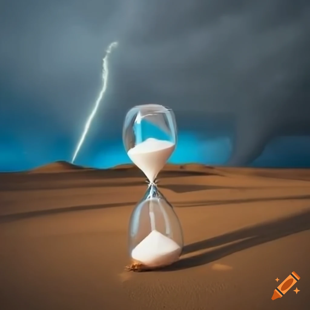 hourglass in a desert with a tornado