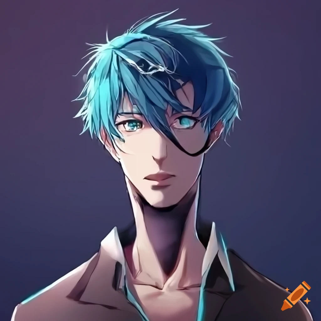 Digital art of a male anime character with blue hair and yellow eyes