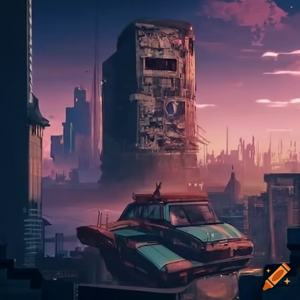 flying van in a post-apocalyptic city