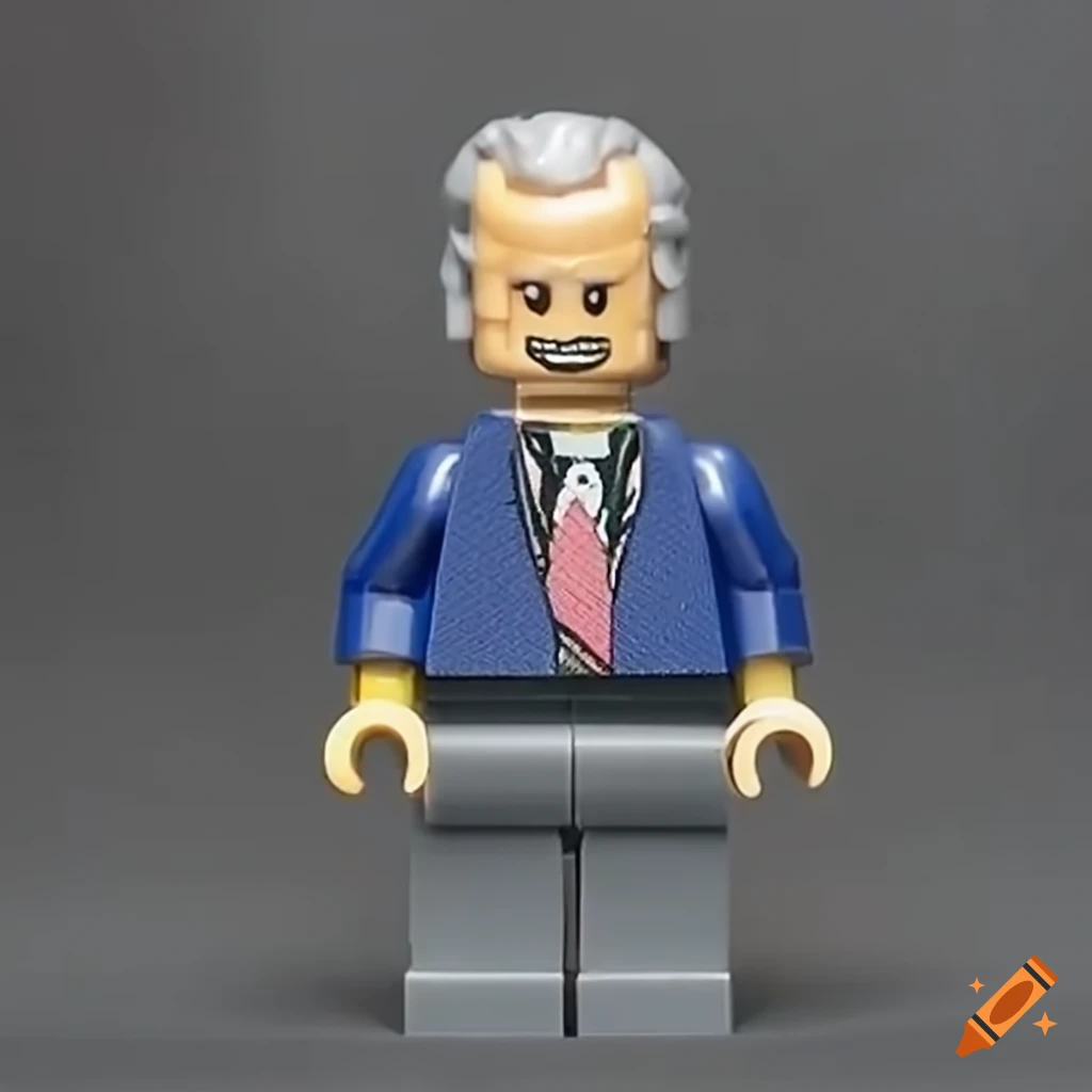 Male lego figure with short white hair, wears blue suit and a blue necktie  on Craiyon