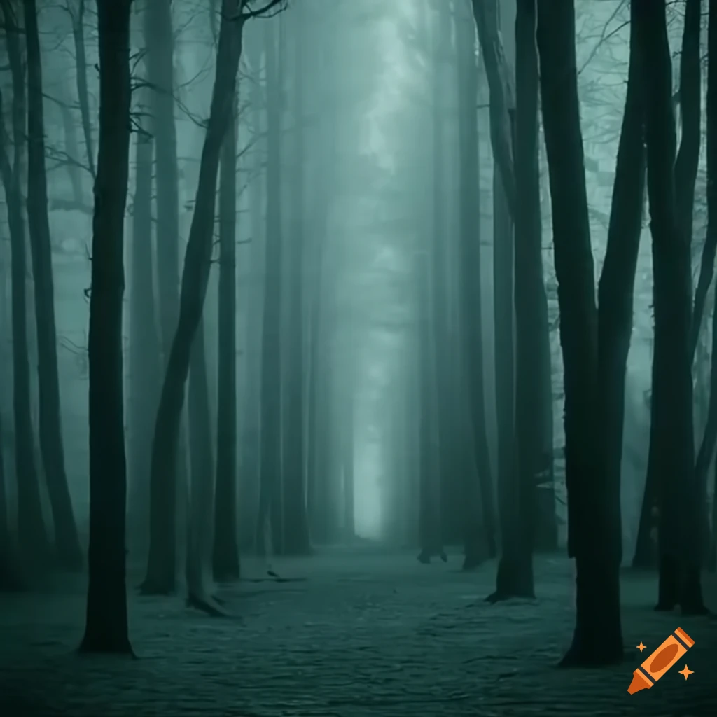 a person standing in a foggy forest