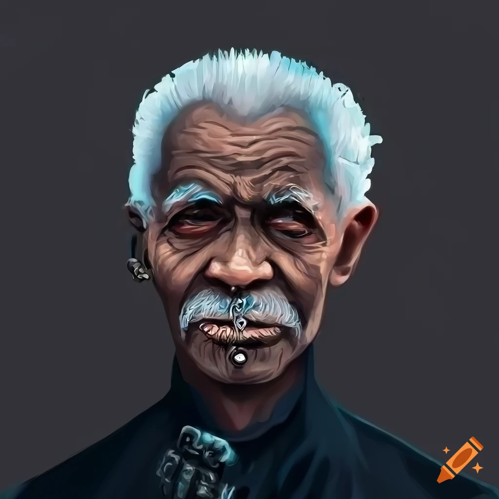 Digital portrait of an old man with facial piercings and gray hair on ...