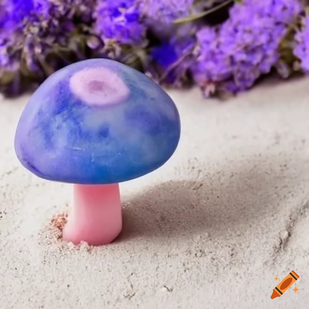 image of a colorful stone mushroom on white sand