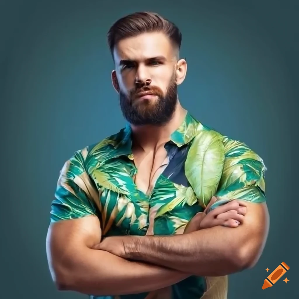 Muscular man confidently posing in a tropical shirt on Craiyon