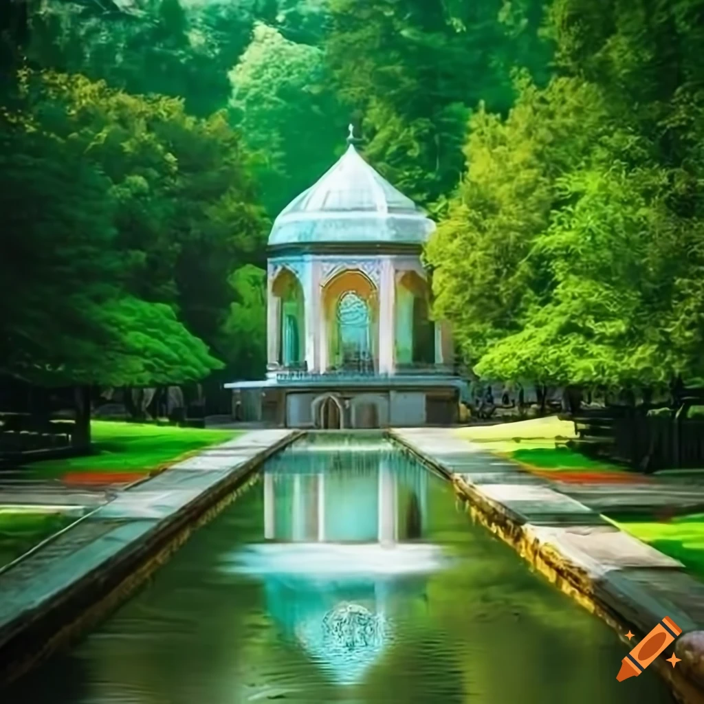 Islamic art in a garden with a pond