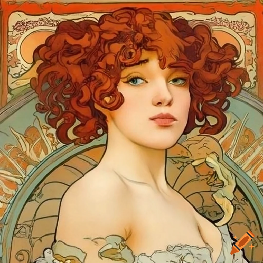 Poster of a woman with curly hair in the style of alphonse mucha and ...