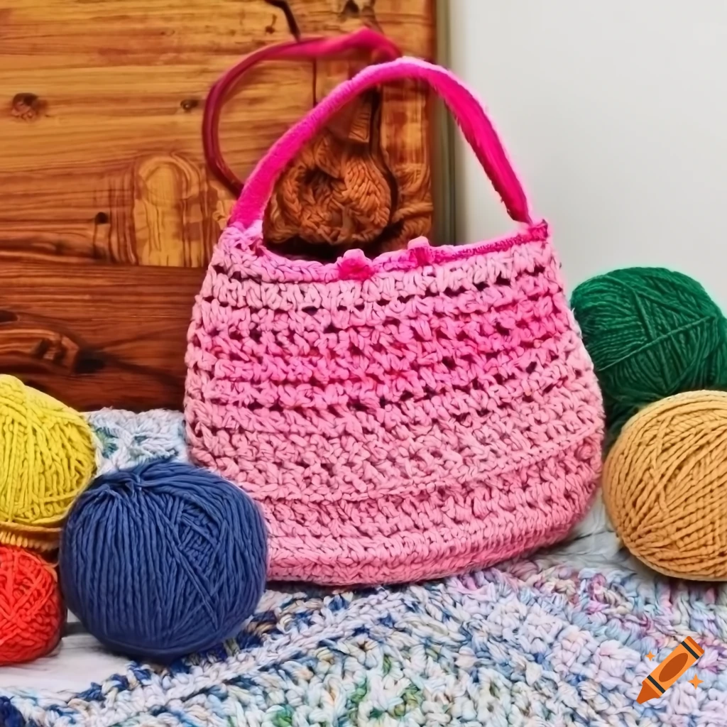 Vivid crochet shoulder bag on a table with knitting supplies on