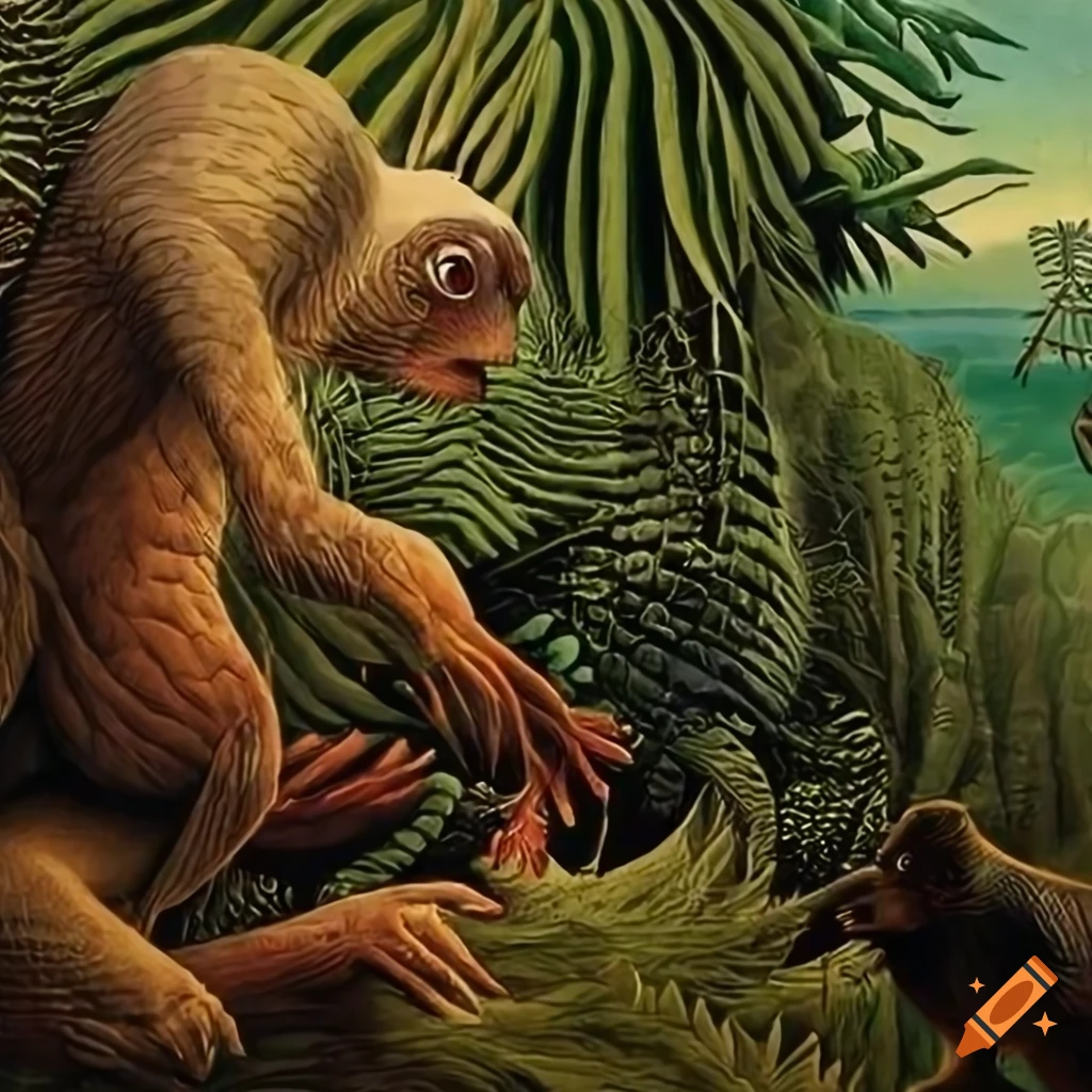 Wide panorama illustration of a jungle landscape with animal-human ...