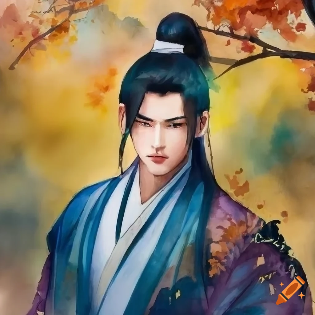 watercolor painting of a handsome wuxia young man in an autumn scene