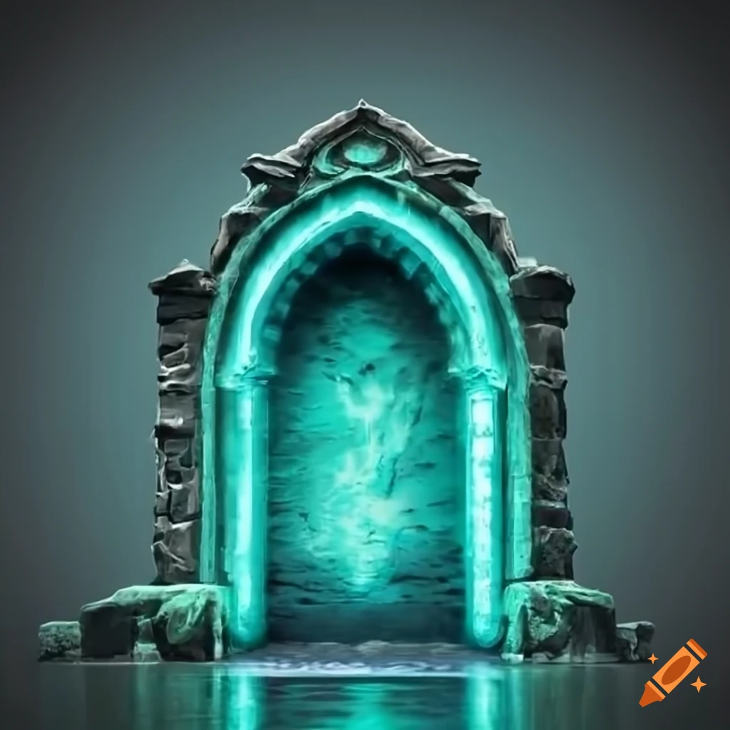 image of a glowing teal stone portal