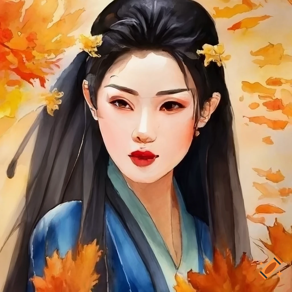 watercolor painting of a beautiful Chinese girl in autumn setting