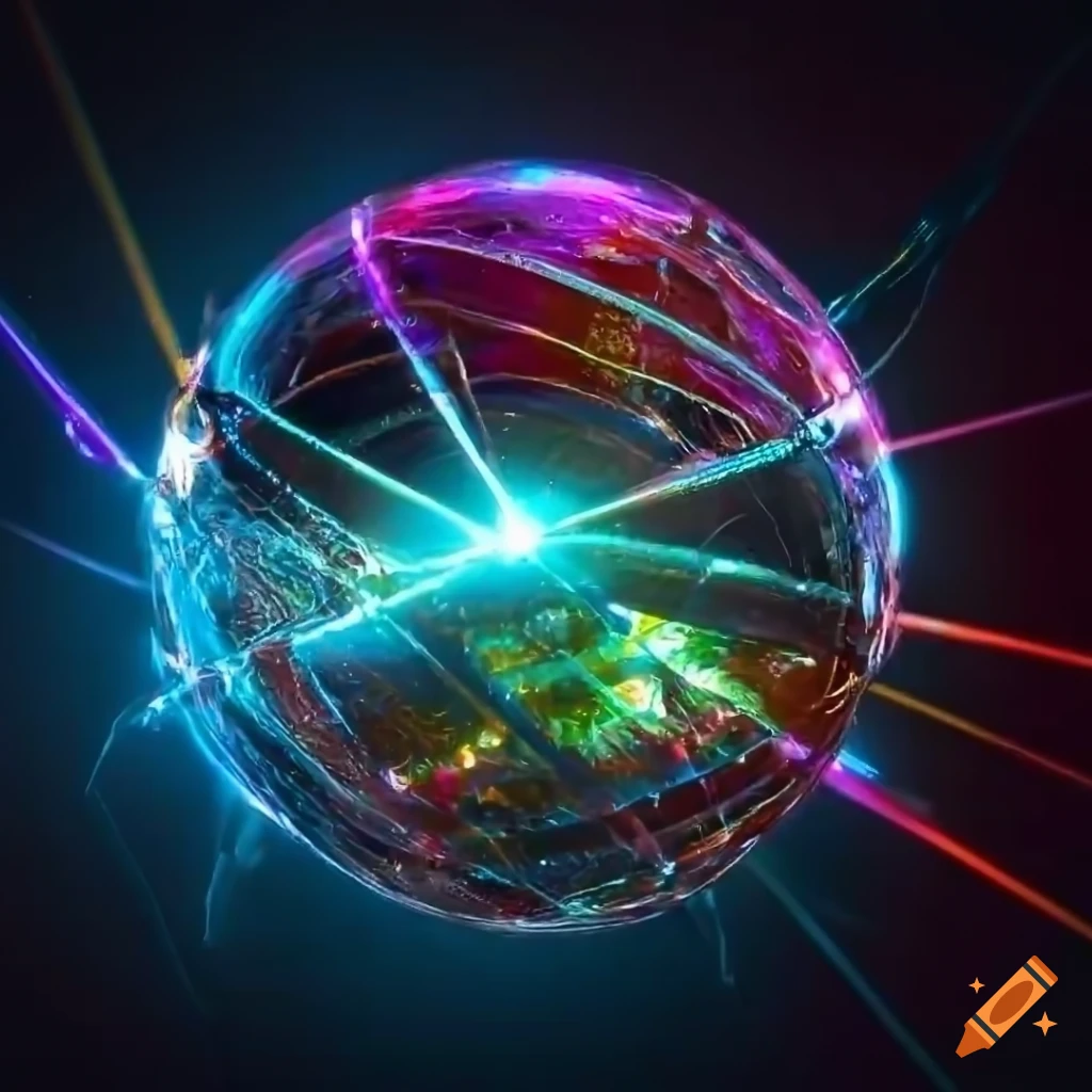detailed image of glass shards and metallic balls with laser beams