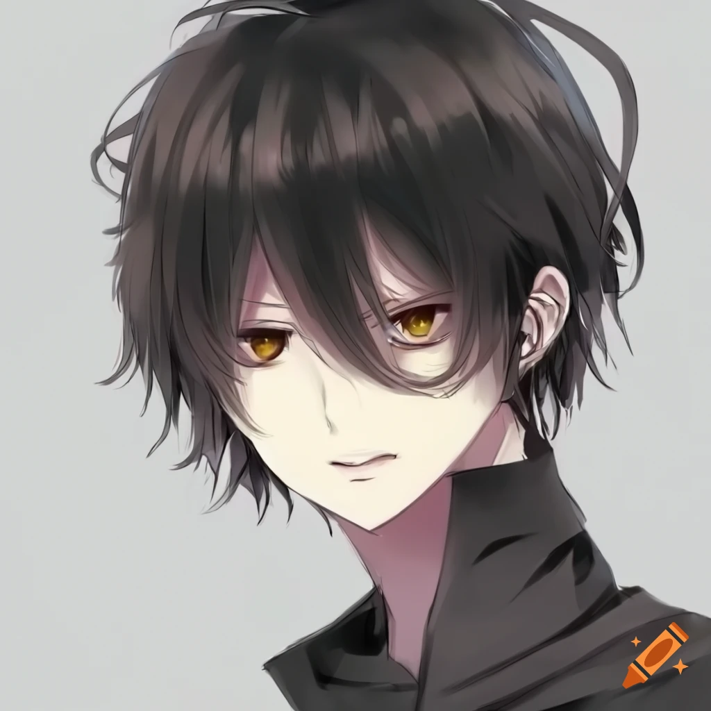 anime boy with black hair and brown eyes wearing a black scarf