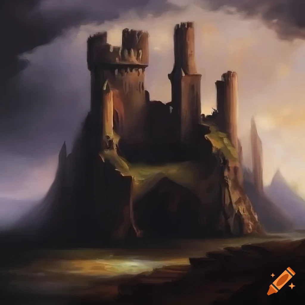 medieval fantasy artwork of castle ruins in stormy weather