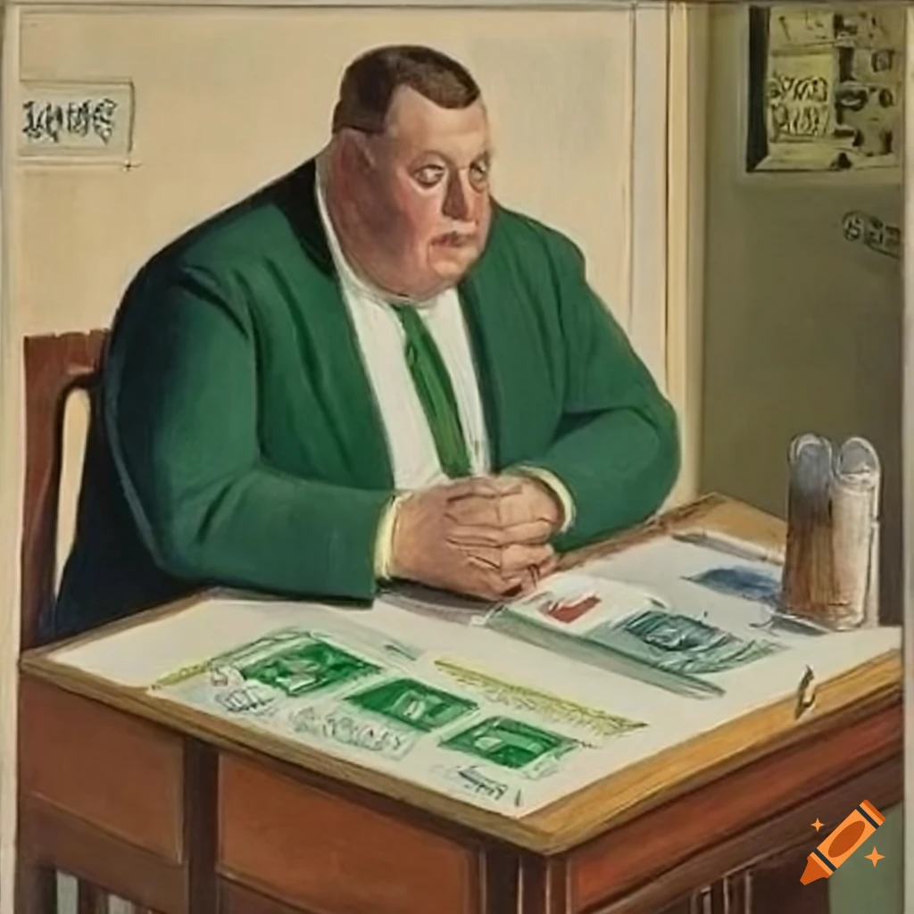 painting of a fat bureaucrat surrounded by files and stamps
