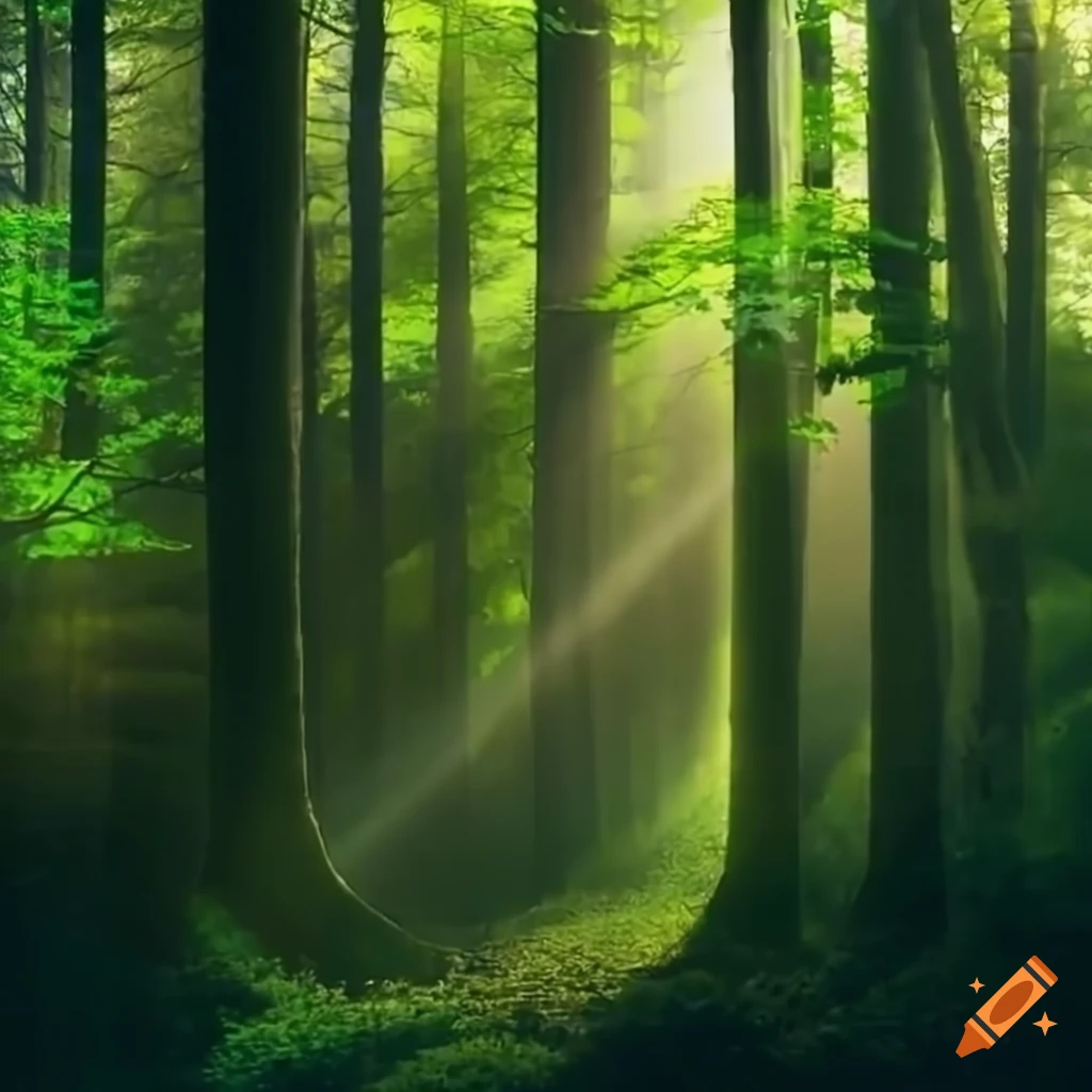Lush green forest with sunlight filtering through the trees on Craiyon