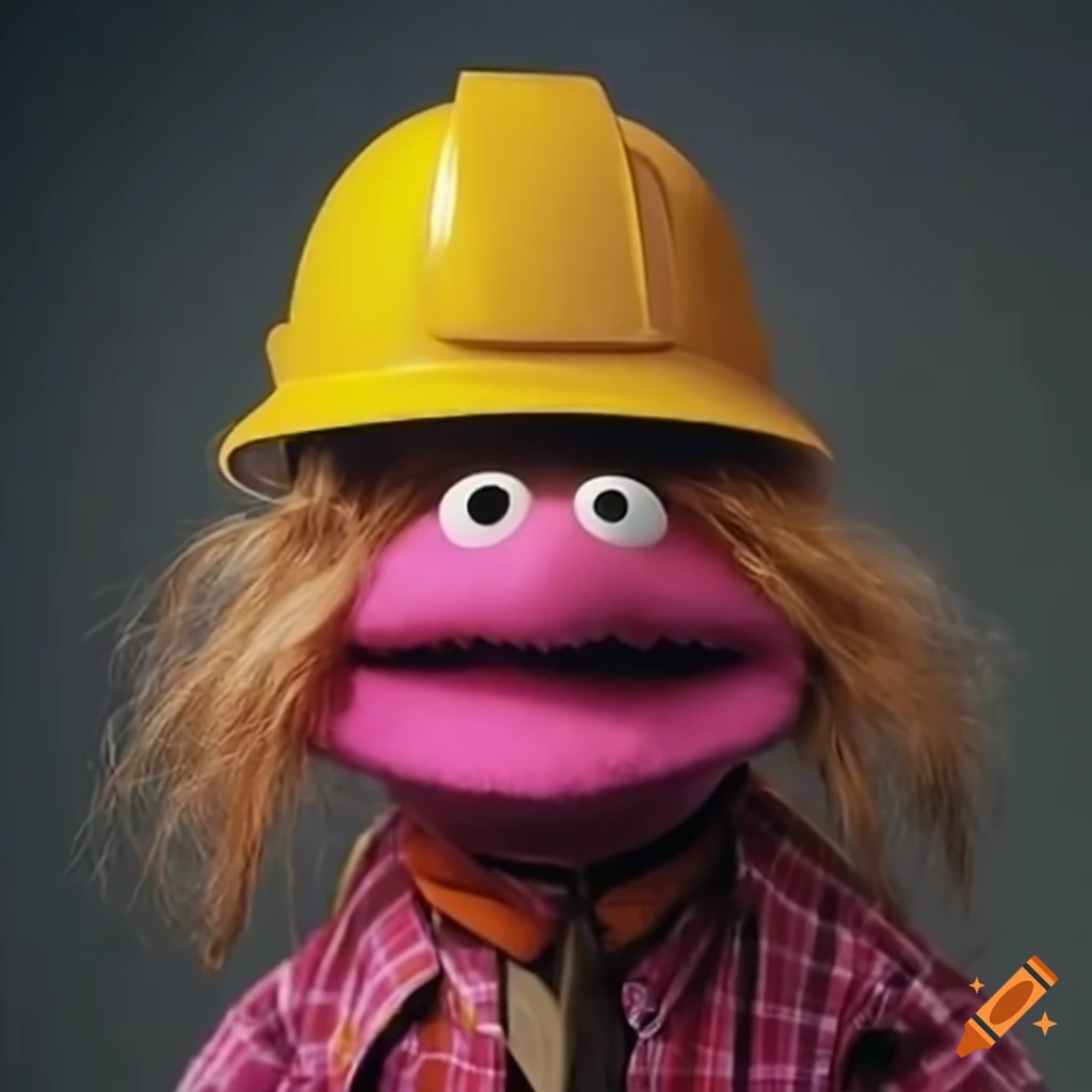 muppet worker in yellow helmet and work clothes