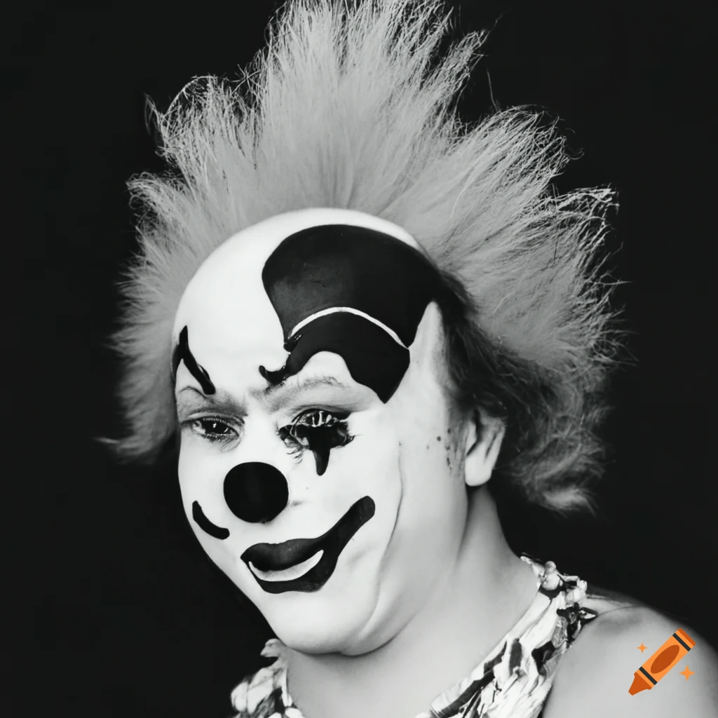 black and white portrait of a punk rock clown in the 1970s