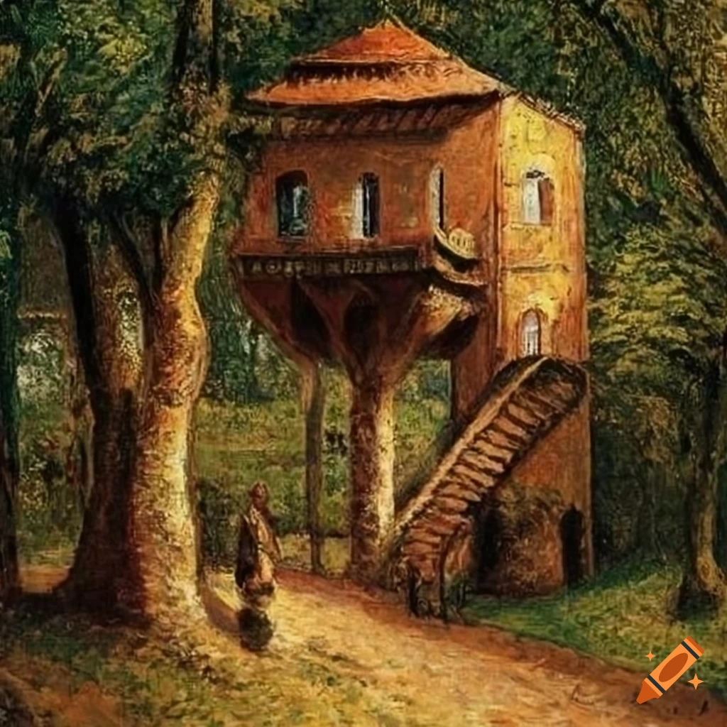 treehouse palace with balcony inspired by Masaccio, Antonello da Messina, and Camille Pissarro