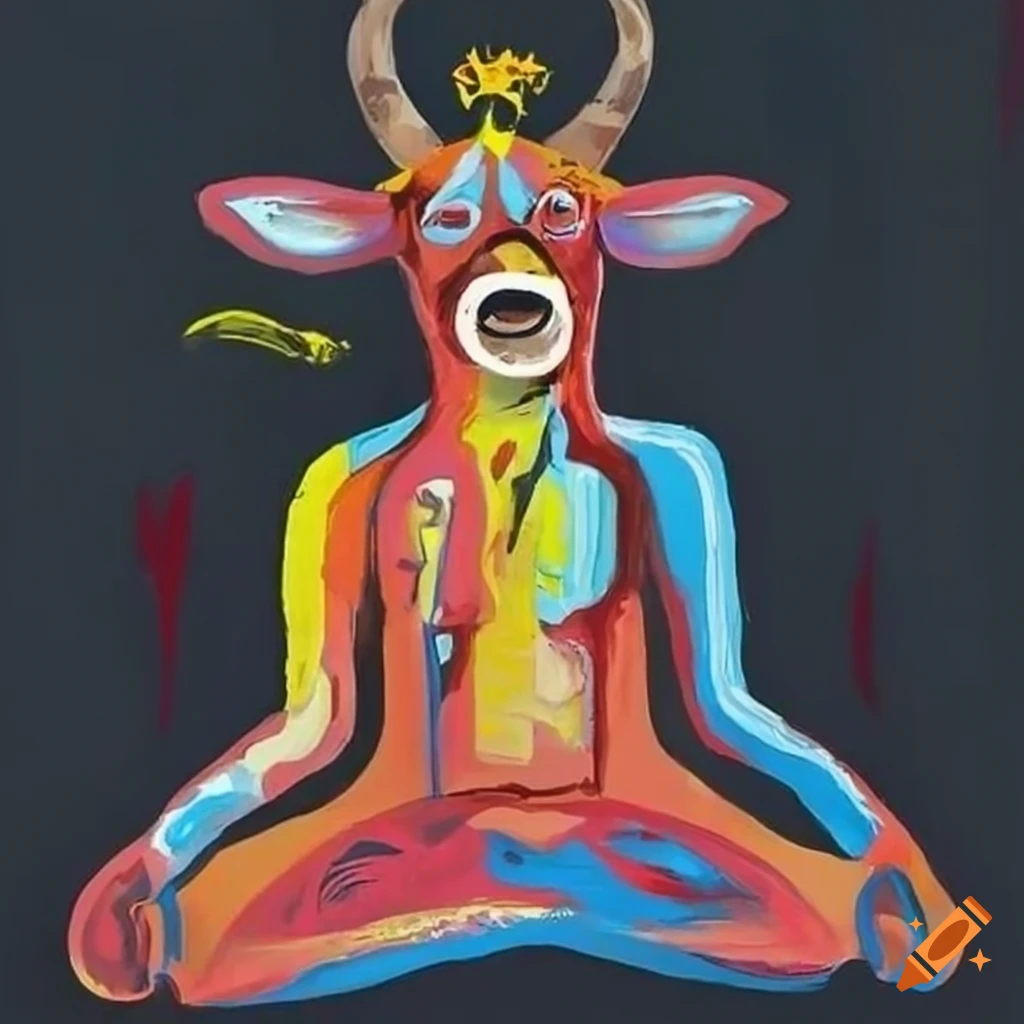 colorful painting of a meditating cow