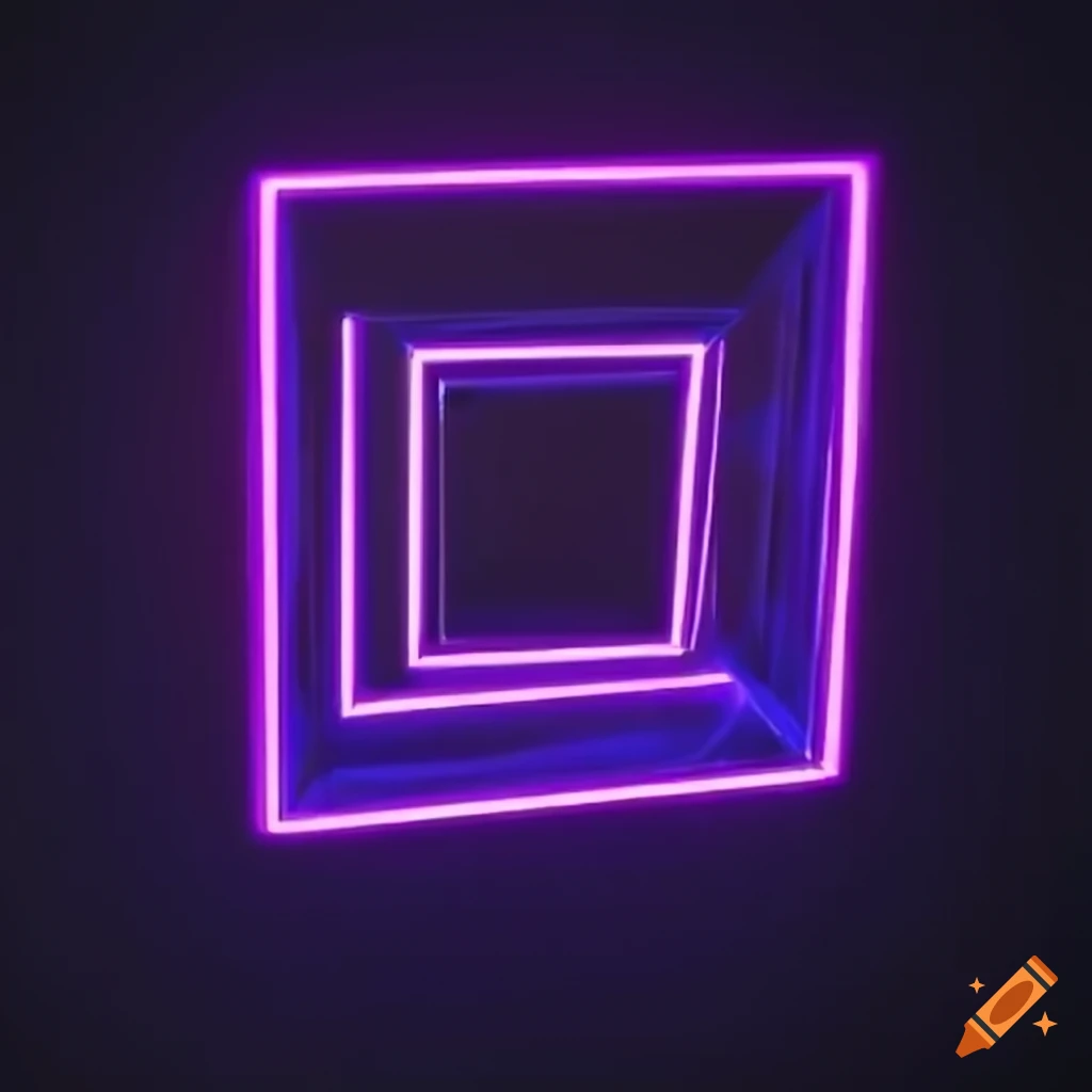 Neon cube reflected in a mirror