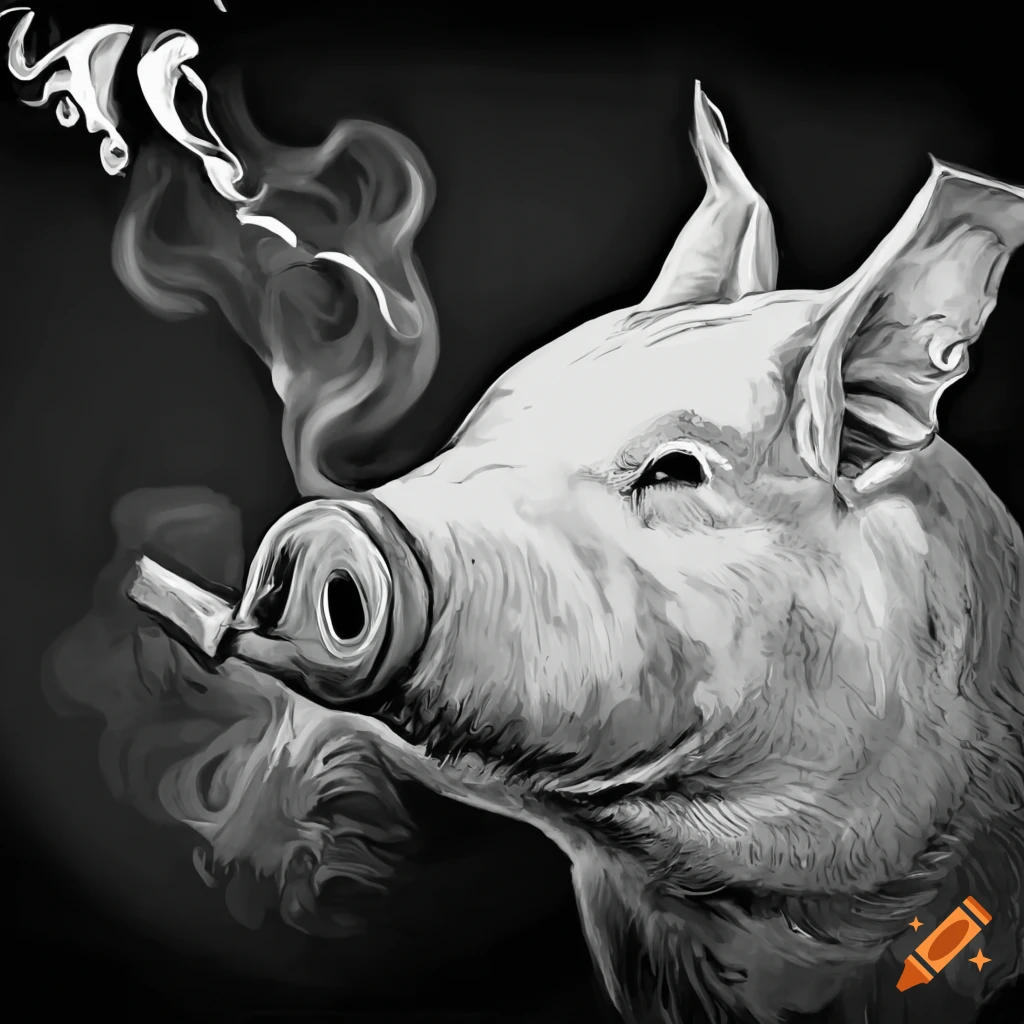 Monochrome image of a pig smoking a cigar on Craiyon