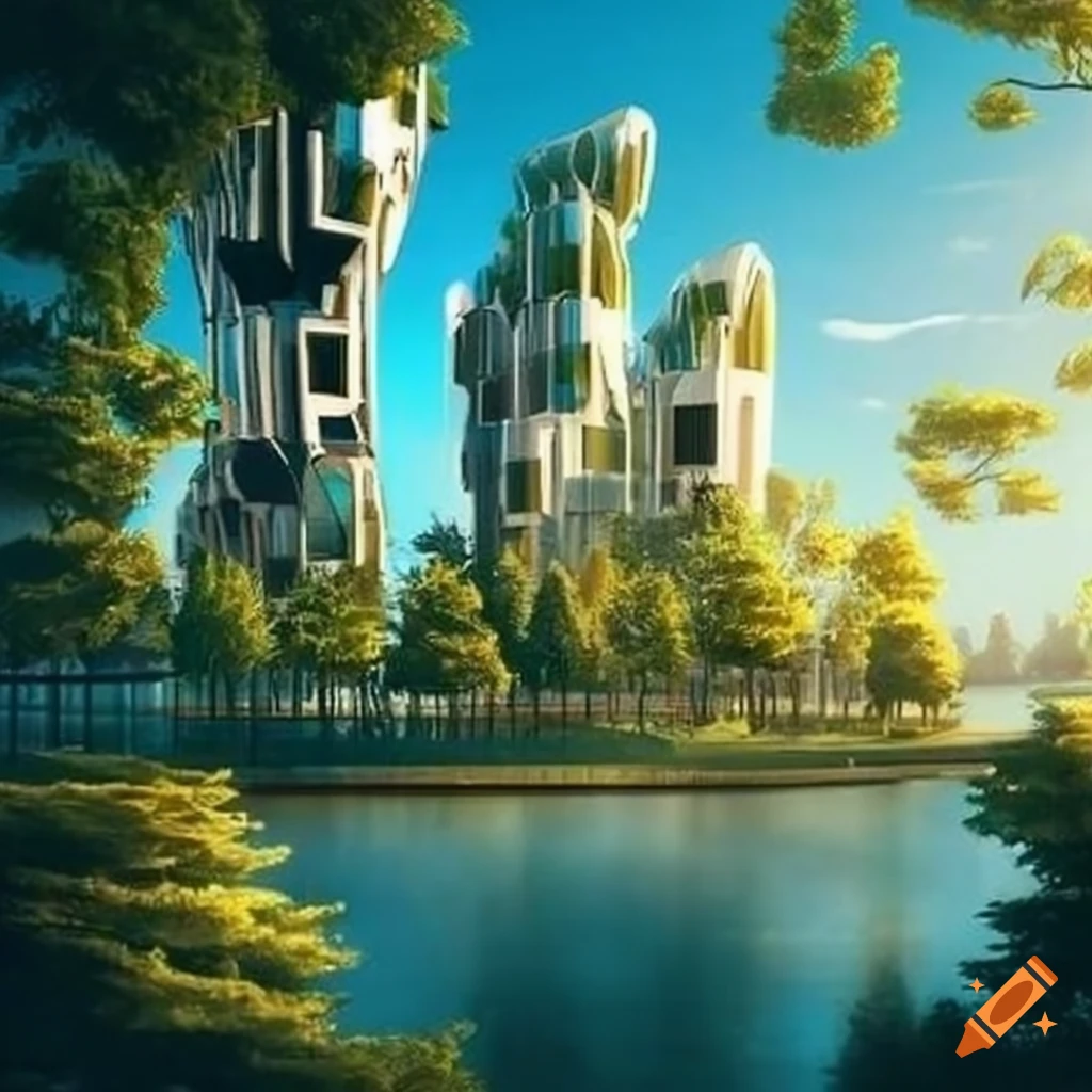 Futuristic suburb with flying cars and beautiful trees on Craiyon