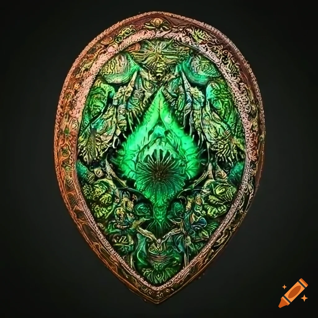 Artwork of a shield made from leaves and dragon scales