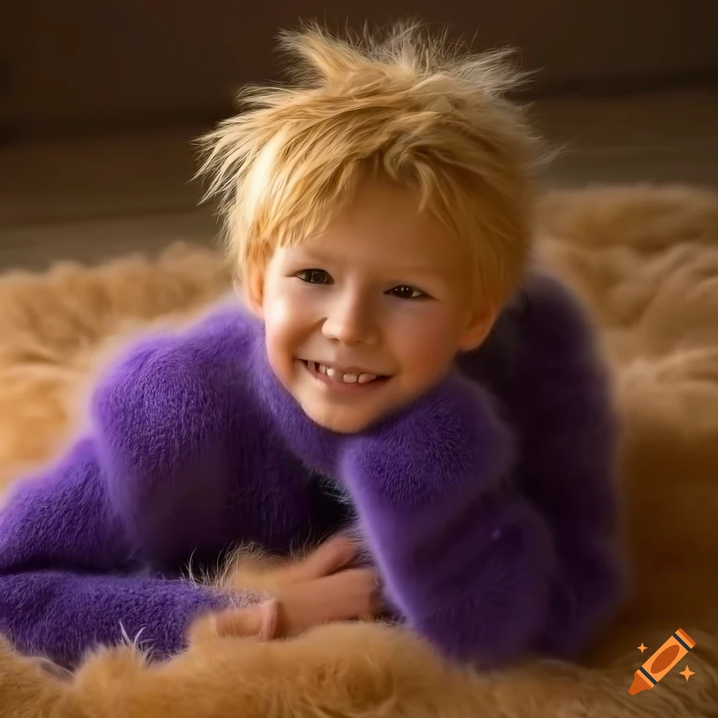 blond boy resting on fur rug wearing fuzzy mohair sweater