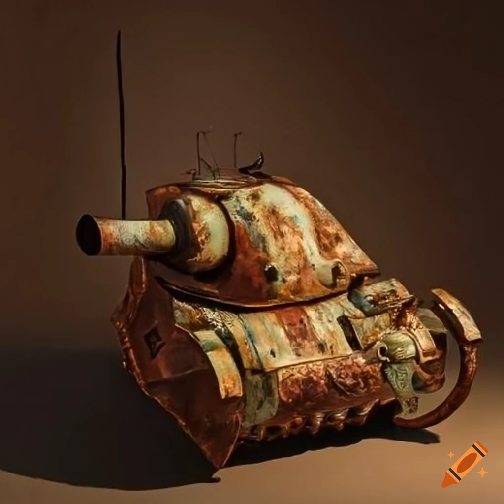 WWI tank with baroque decorations, made from wood and copper pipes